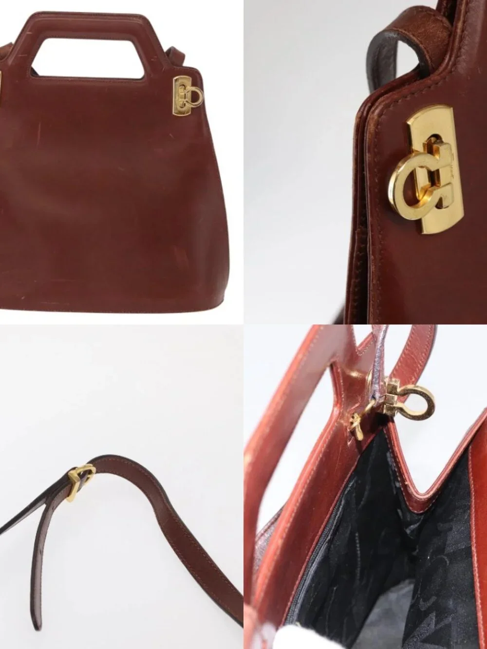 Salvatore Ferragamo Gancini Shoulder Bag Leather Brown Gold Auth 159579